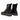 Ett par Virón, modell 1992 Black Boots i veganskt skinn, i färgen svart, fotograferad bakifrån med fokus på varumärkets logga på hällen.