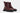 Ett par Virón, modell 1992 Burgundy Boots i veganskt skinn, i färgen vinröd, kängorna har 9 hål till snörning, en tjock sula med grovt mönster och en tryckt innehållsförteckning på utsida i vit text. sedda snett framifrån.